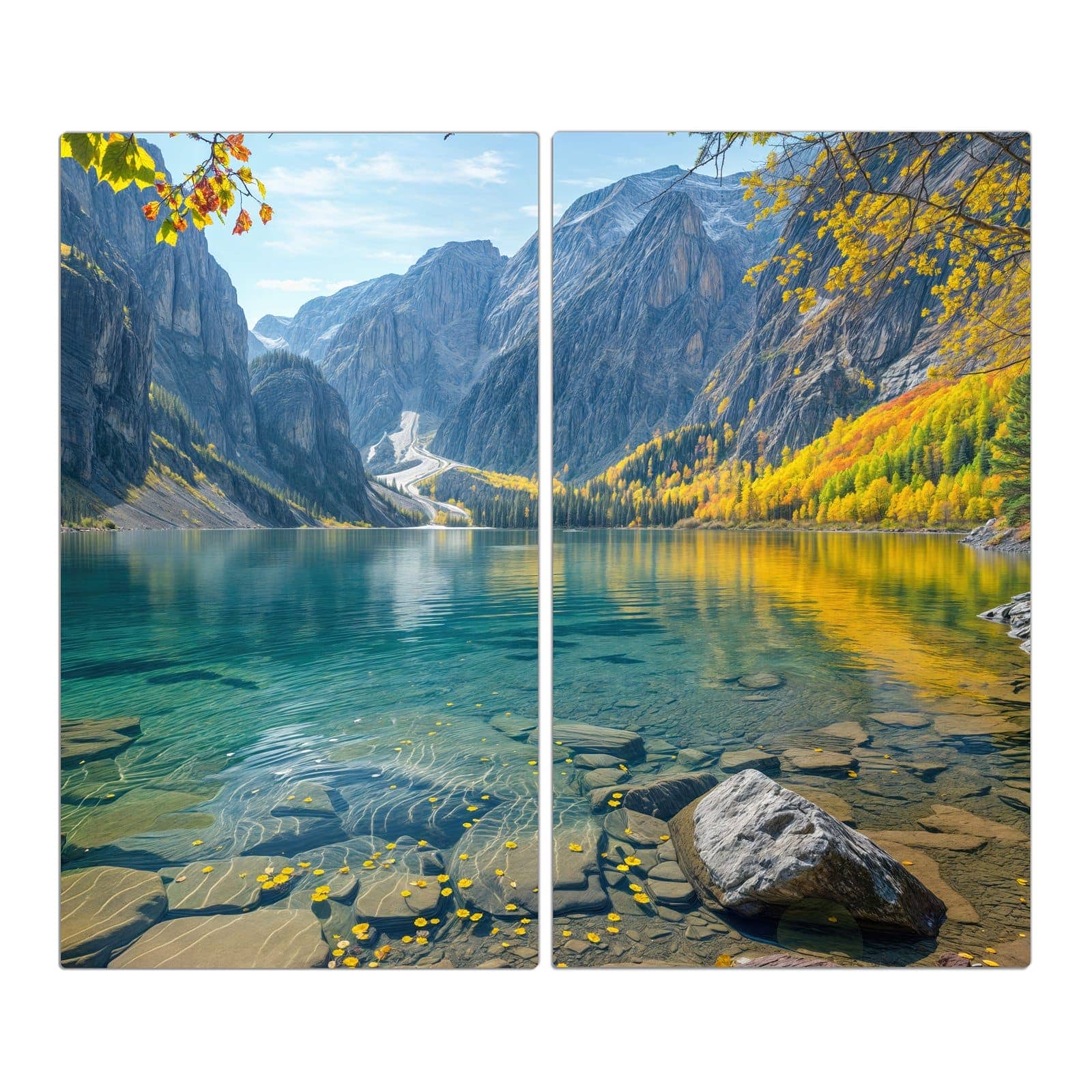 2-teilige Ceranfeld Abdeckplatten mit Bergsee im Herbst-Motiv in der Frontansicht #grösse_2-Teilig (60x52cm)
