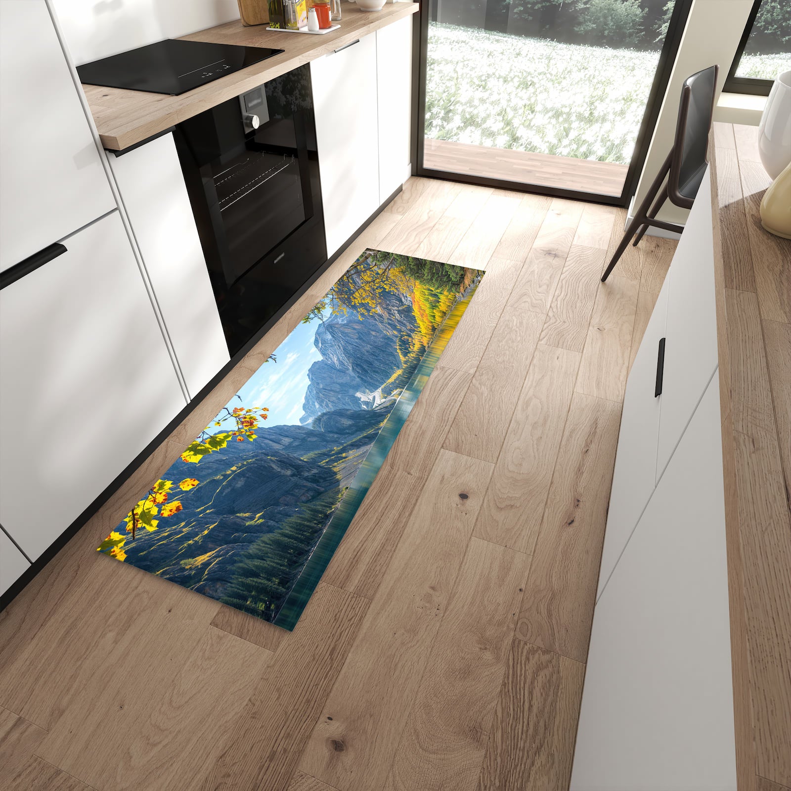 Waschbarer Küchenläufer mit Motiv Bergsee im Herbst in moderner Küche für sichere Aufbewahrung