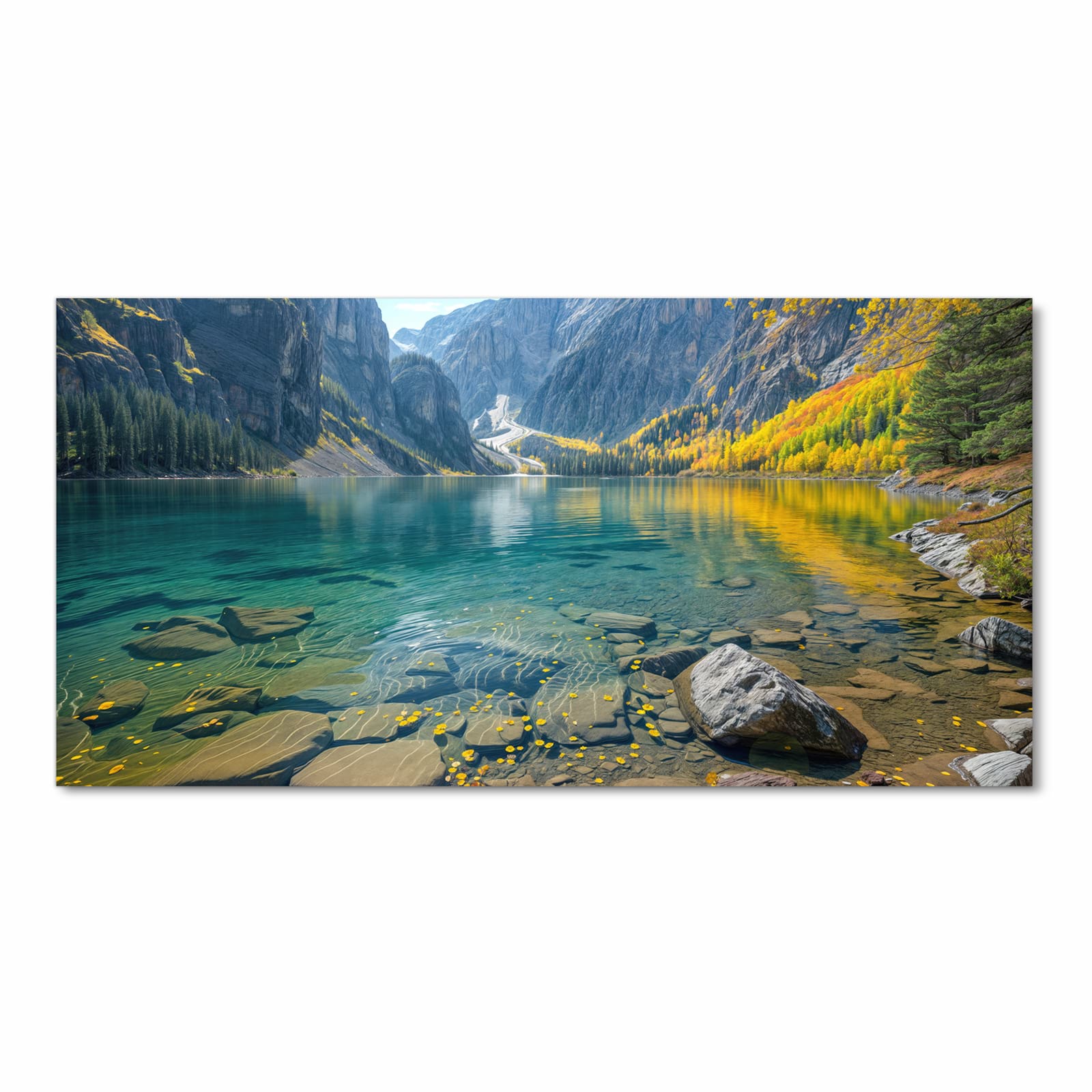 Zeitsparender Küchenteppich mit Motiv Bergsee im Herbst in Frontansicht