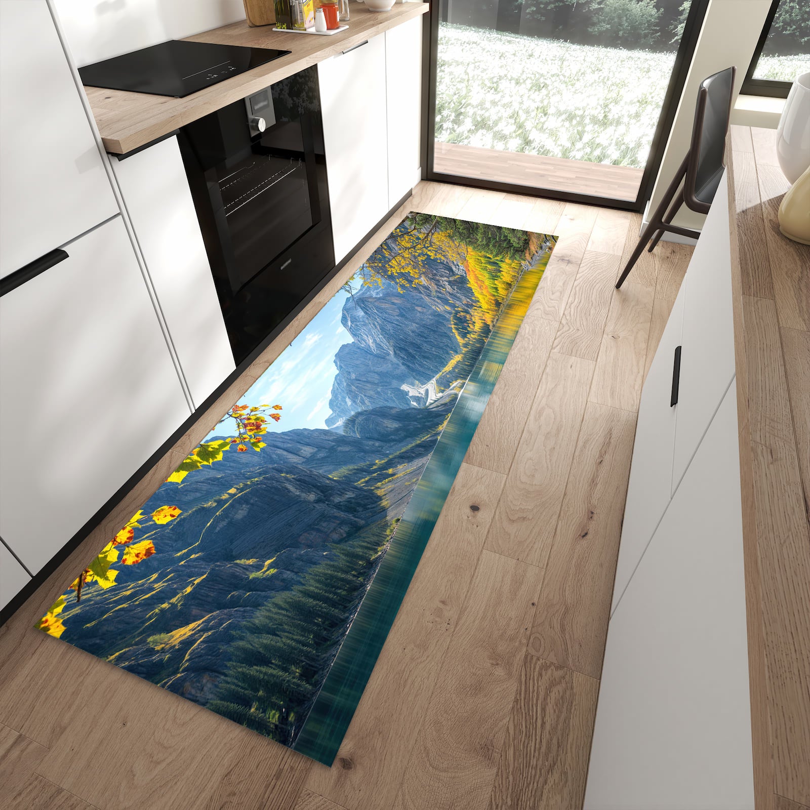 Wasserabweisender Teppich für Küche mit Motiv Bergsee im Herbst in moderner Küche
