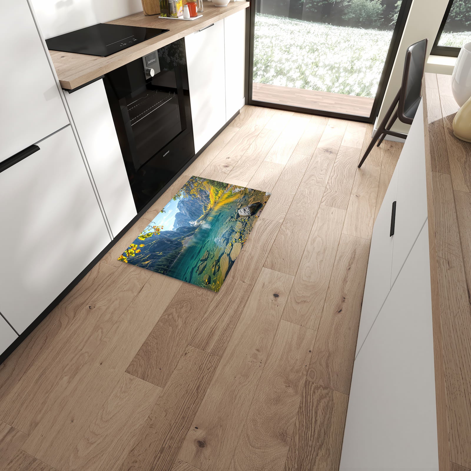 UV-beständiger Küchenteppich mit Motiv Bergsee im Herbst in moderner Küche