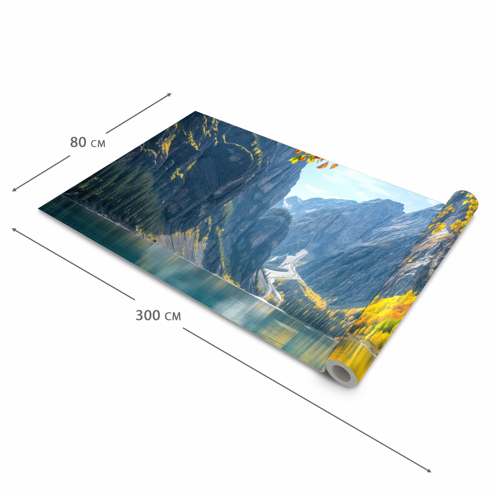 Rutschfester waschbarer Teppich fürs Esszimmer mit Motiv Bergsee im Herbst in der Größe 60x300 cm