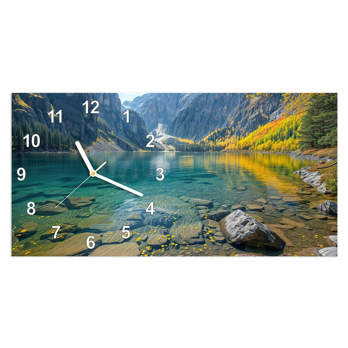 Wanduhr Bergsee im Herbst aus Glas – Querformat 60 × 30 cm mit Ziffernblatt Modern