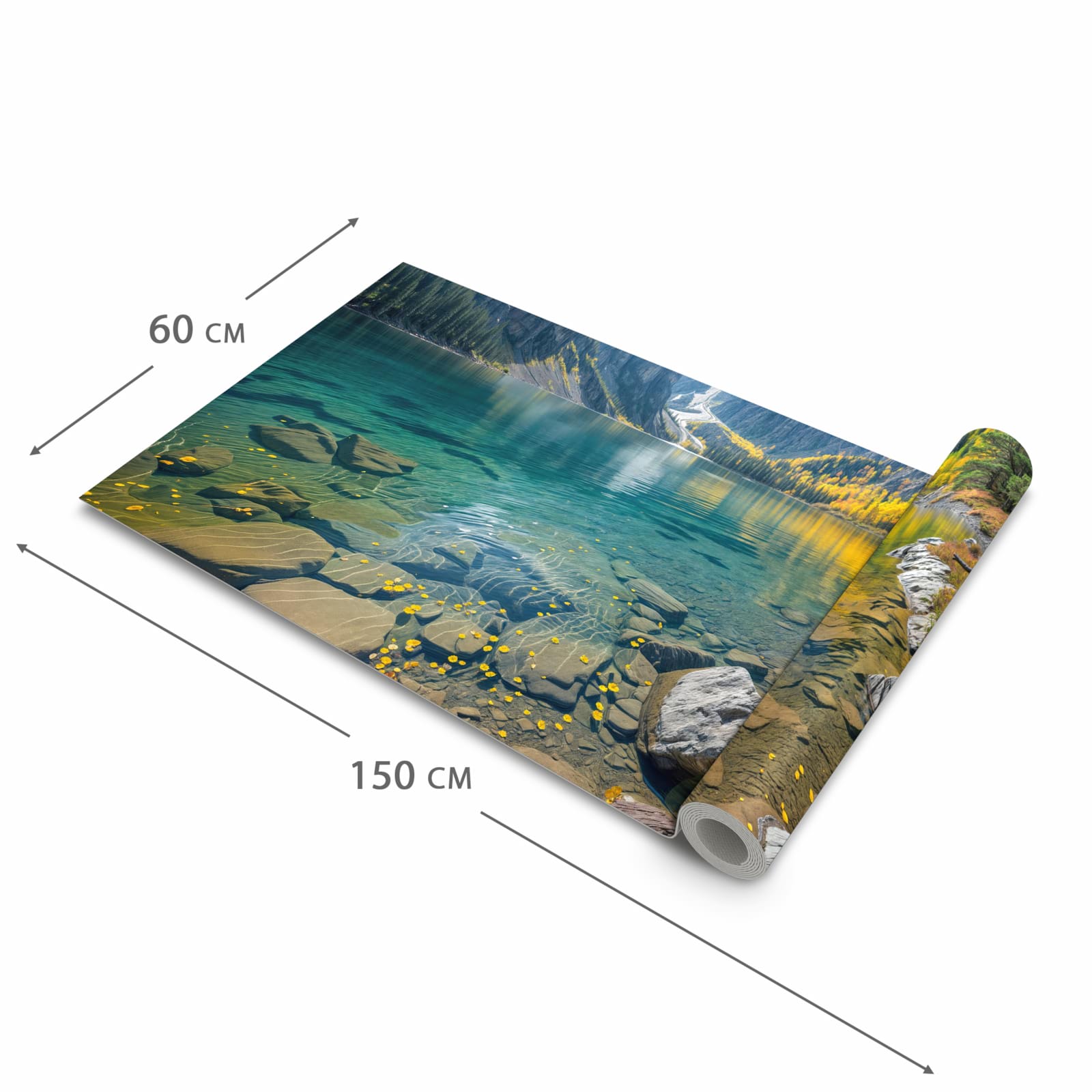 Pflegeleichter Teppichläufer für die Küche mit Motiv Bergsee im Herbst in der Grösse 60x270 cm