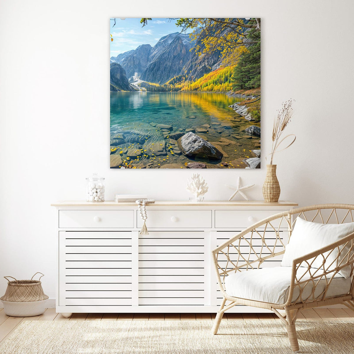 Echtglas, 4 mm – kein Acryl, keine Folie – Wandbild - Bergsee im Herbst - Quadratisch