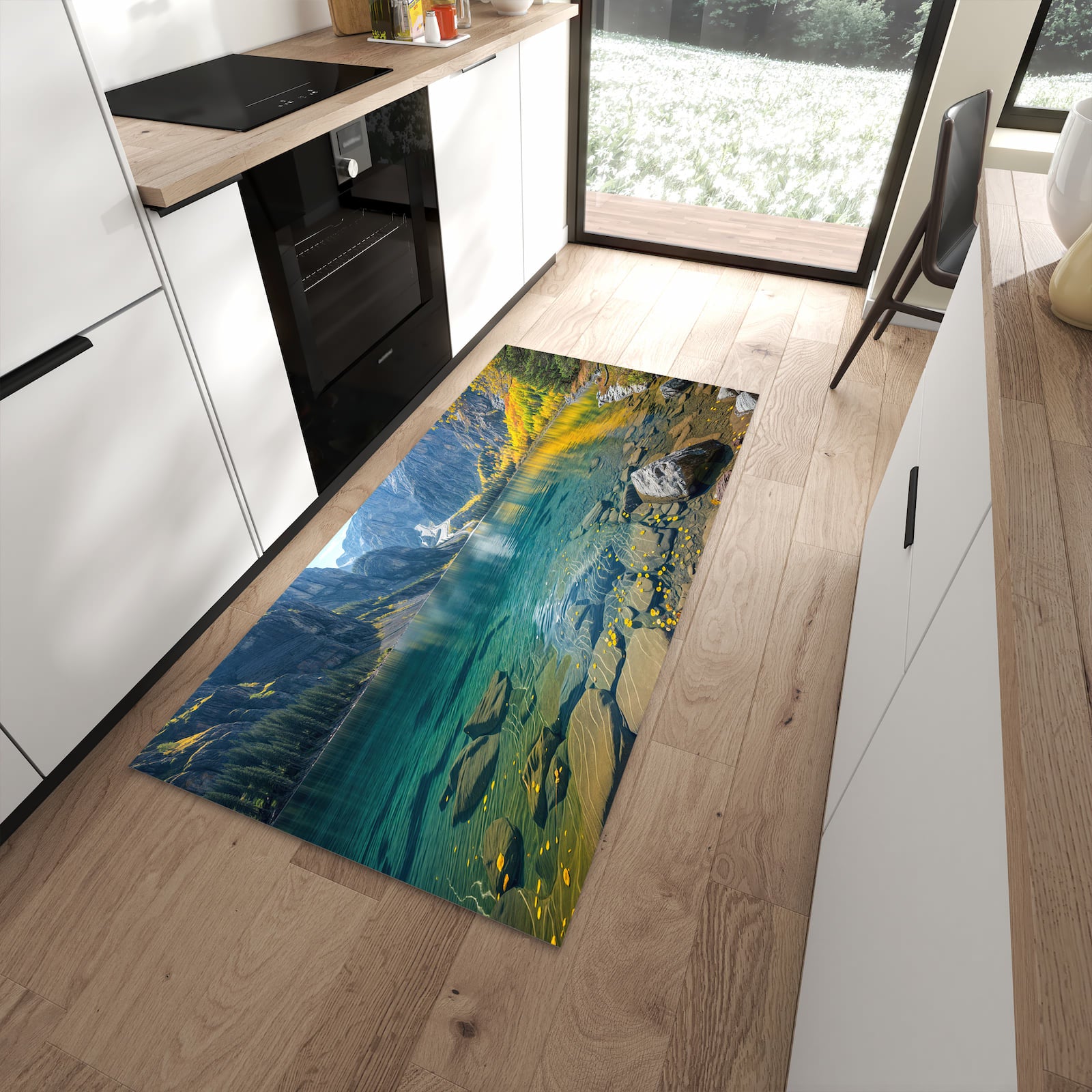 Geruchsneutraler Küchenteppich mit Motiv Bergsee im Herbst in moderner Küche
