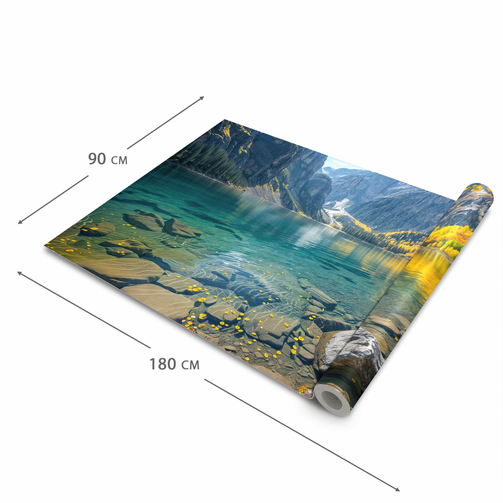 Feuchtigkeitsresistenter waschbarer Teppich Esstisch mit Motiv Bergsee im Herbst in der Grösse 60x300 cm