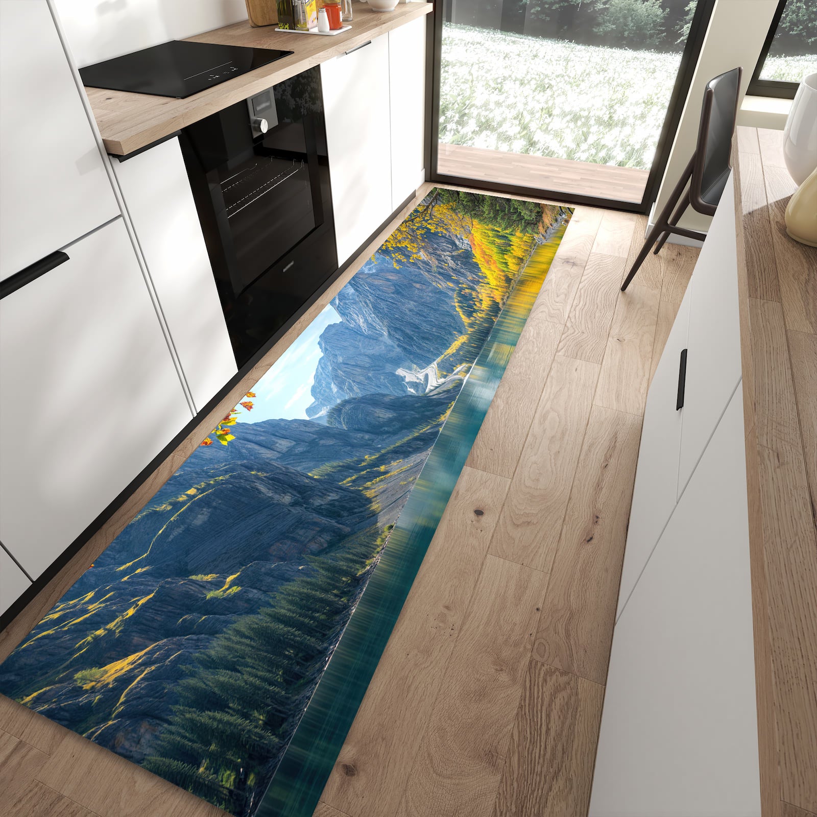 Schmutzabweisender Teppich für die Küche mit Motiv Bergsee im Herbst in moderner Küche