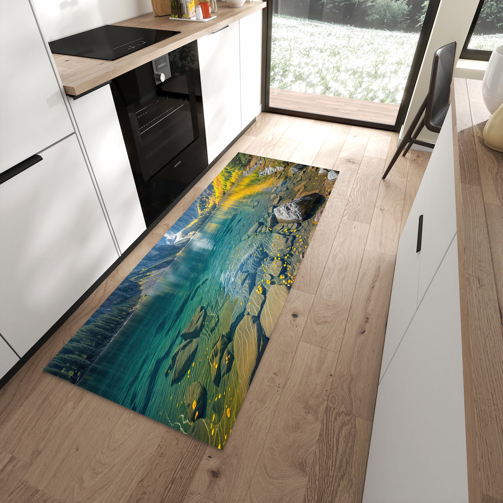 Komfortabler Küchenteppich mit Motiv Bergsee im Herbst in moderner Küche