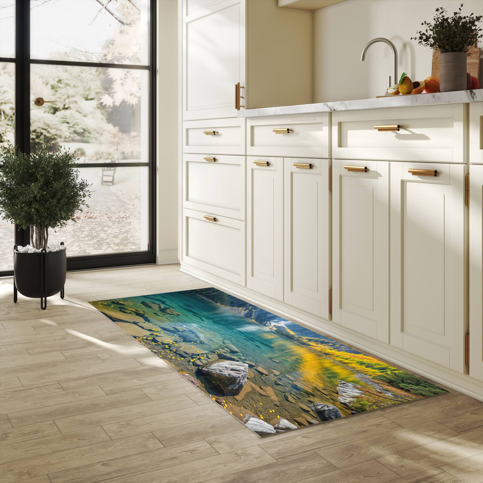 Rutschfester Küchenläufer mit Motiv Bergsee im Herbst in heller Küche