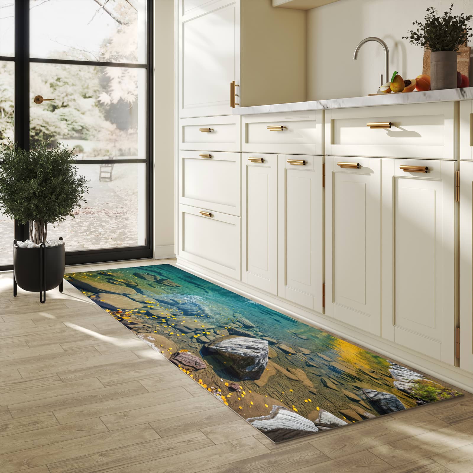 Küchenteppich mit Motiv Bergsee im Herbst für angenehme Haptik in heller Küche