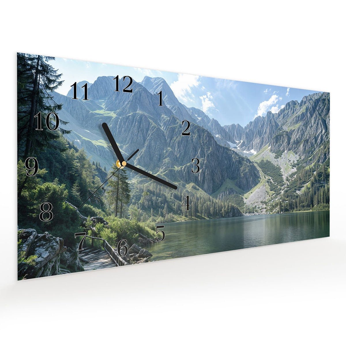 Vormontiert – mit Schwebeeffekt – Wanduhr Berglandschaft See aus Glas – Querformat 60 × 30 cm