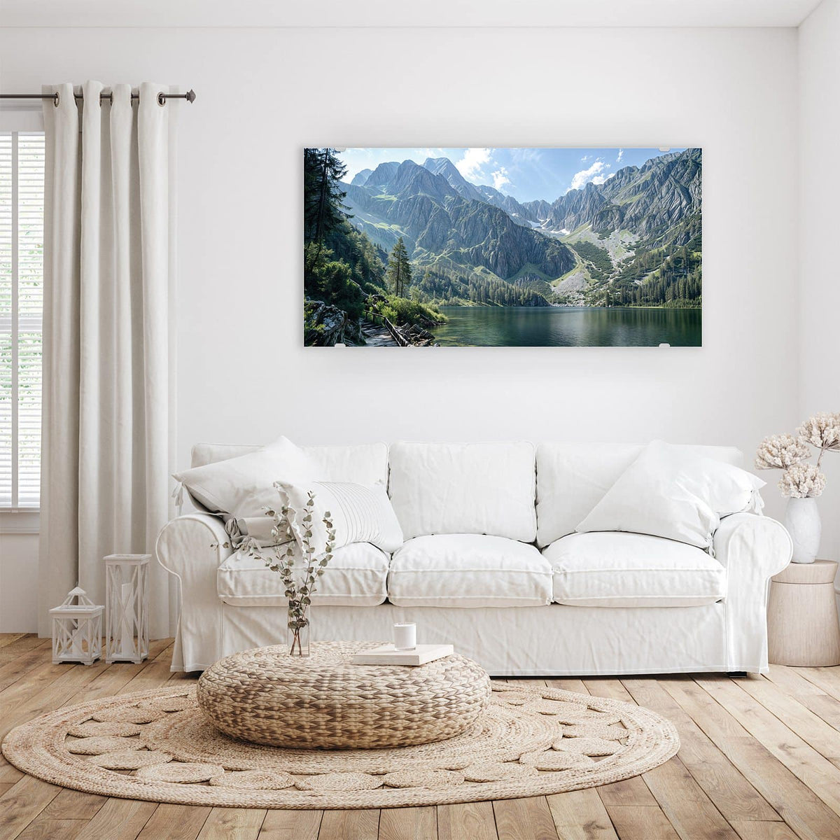 Wandbild - Grüner Bergsee - Querformat – Türkisgrüner Bergsee vor Felsgipfeln