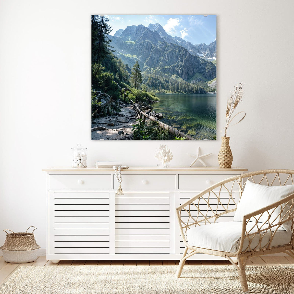 Glasbild Grüner Bergsee an der Wand – Klarer grüner Bergsee mit Holzgeländer am Ufer, Nadelbäume und schroffe Felsgipfel.