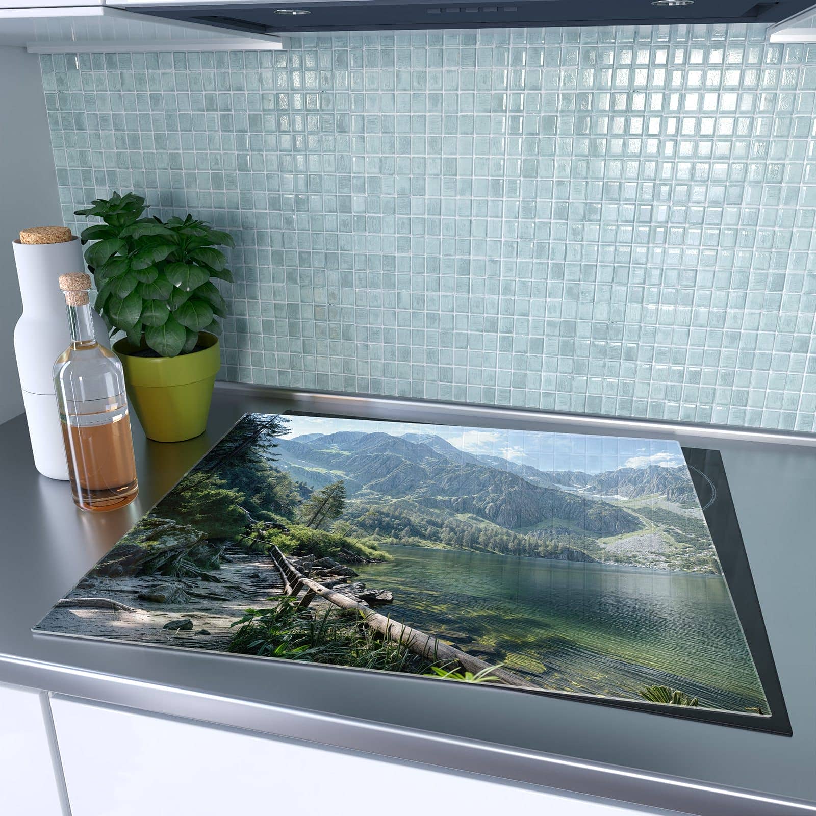 1-teilige Herdabdeckplatte für Ceranfeld mit Berglandschaft See-Motiv in der modernen Küche