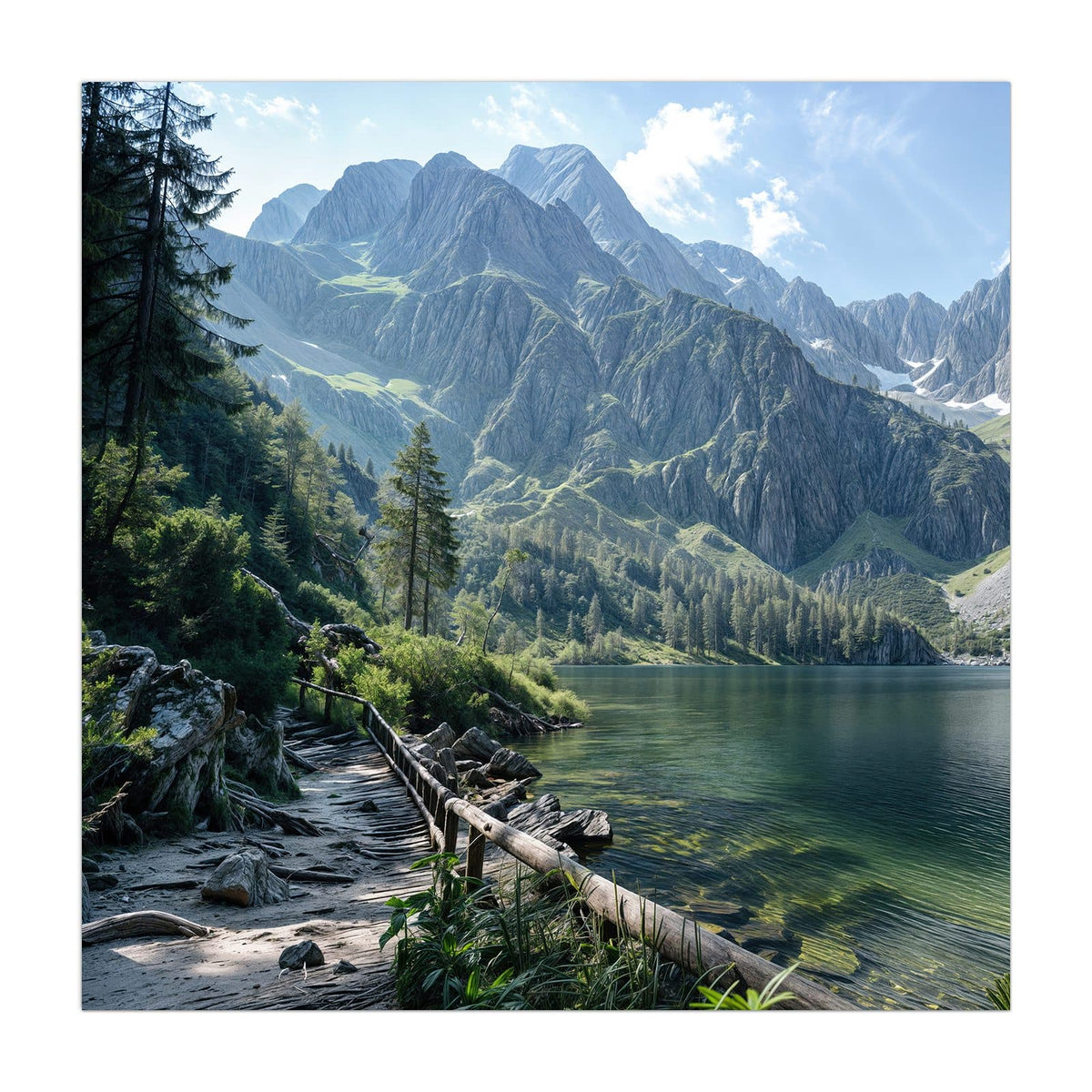 Klarer grüner Bergsee mit Holzgeländer am Ufer, Nadelbäume und schroffe Felsgipfel.