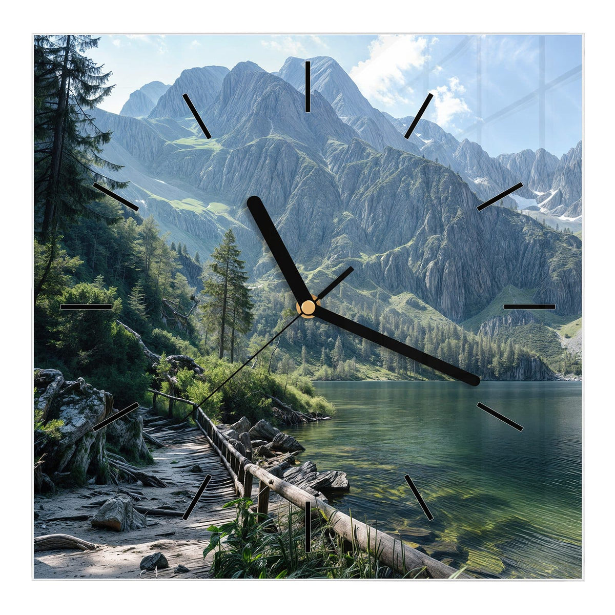 Wanduhr aus Glas, Ziffernblatt Linie: Klarer grüner Bergsee mit Holzgeländer am Ufer, Nadelbäume und schroffe Felsgipfel.