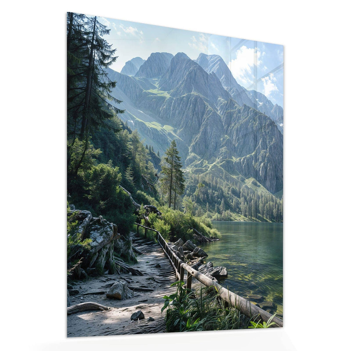 Echtglas, 4 mm – kein Acryl, keine Folie – Wandbild - Grüner Bergsee - Hochformat