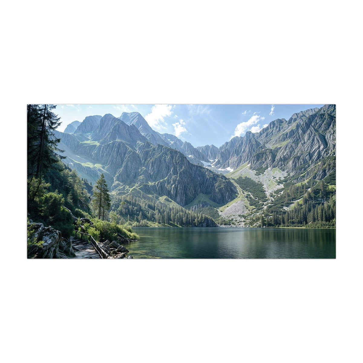 Küchenrückwand aus Glas Grüner Bergsee im Hochformat, Motiv bildfüllend von vorn