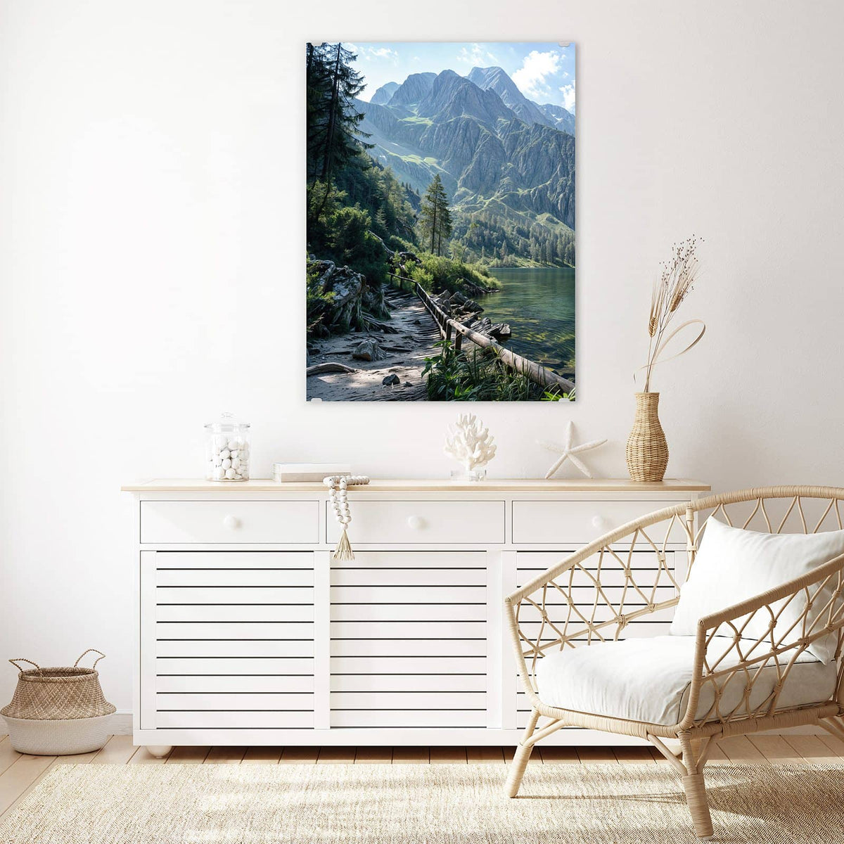 Aufhängung liegt bei – Motiv später wechselbar – Wandbild - Grüner Bergsee - Hochformat