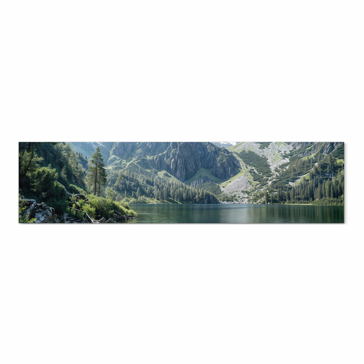 Küchenteppich mit Motiv Berglandschaft See in Frontansicht für sicheres Aufbewahren