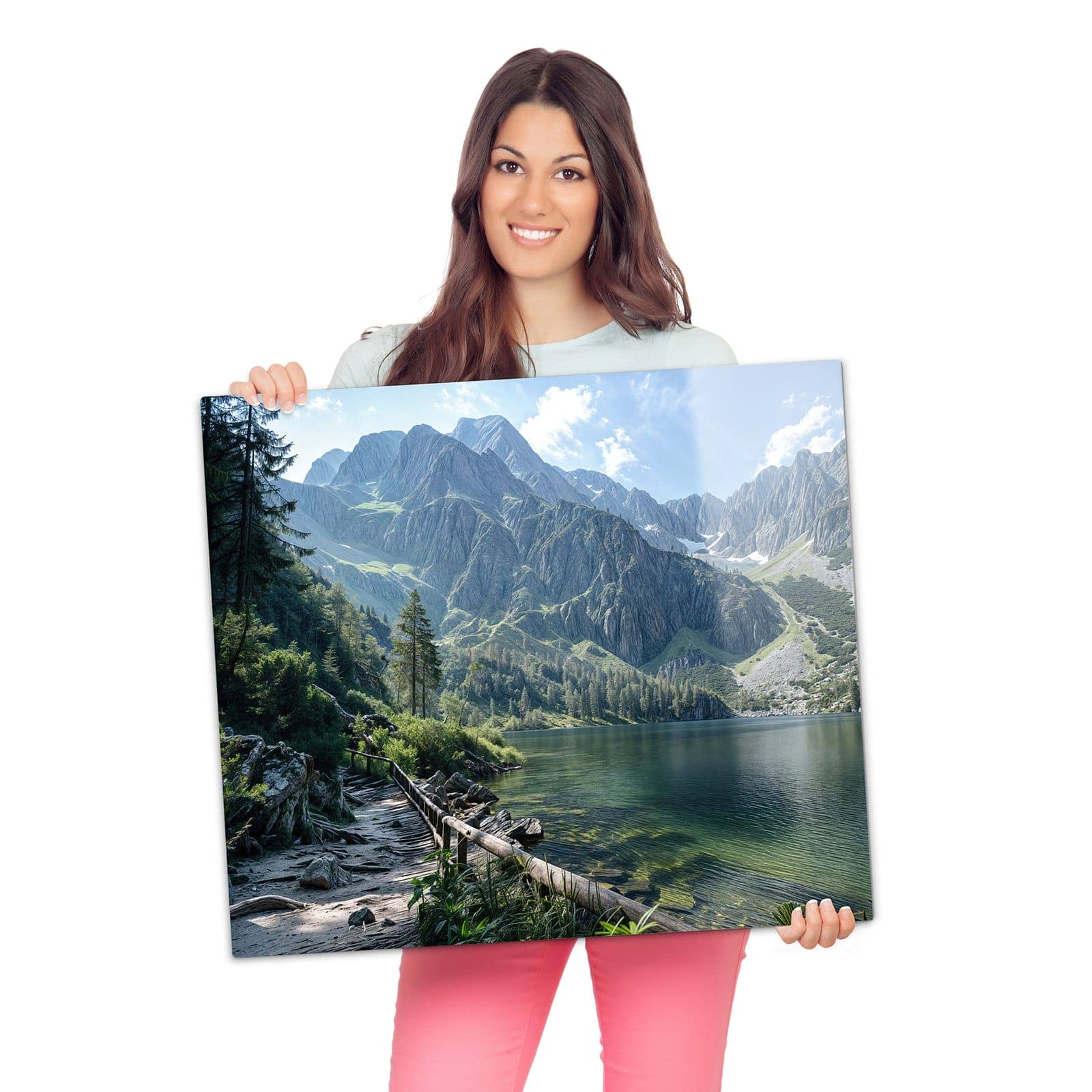 1-teilige Herd Schutzplatte mit Berglandschaft See-Motiv wird zur Größendarstellung gehalten