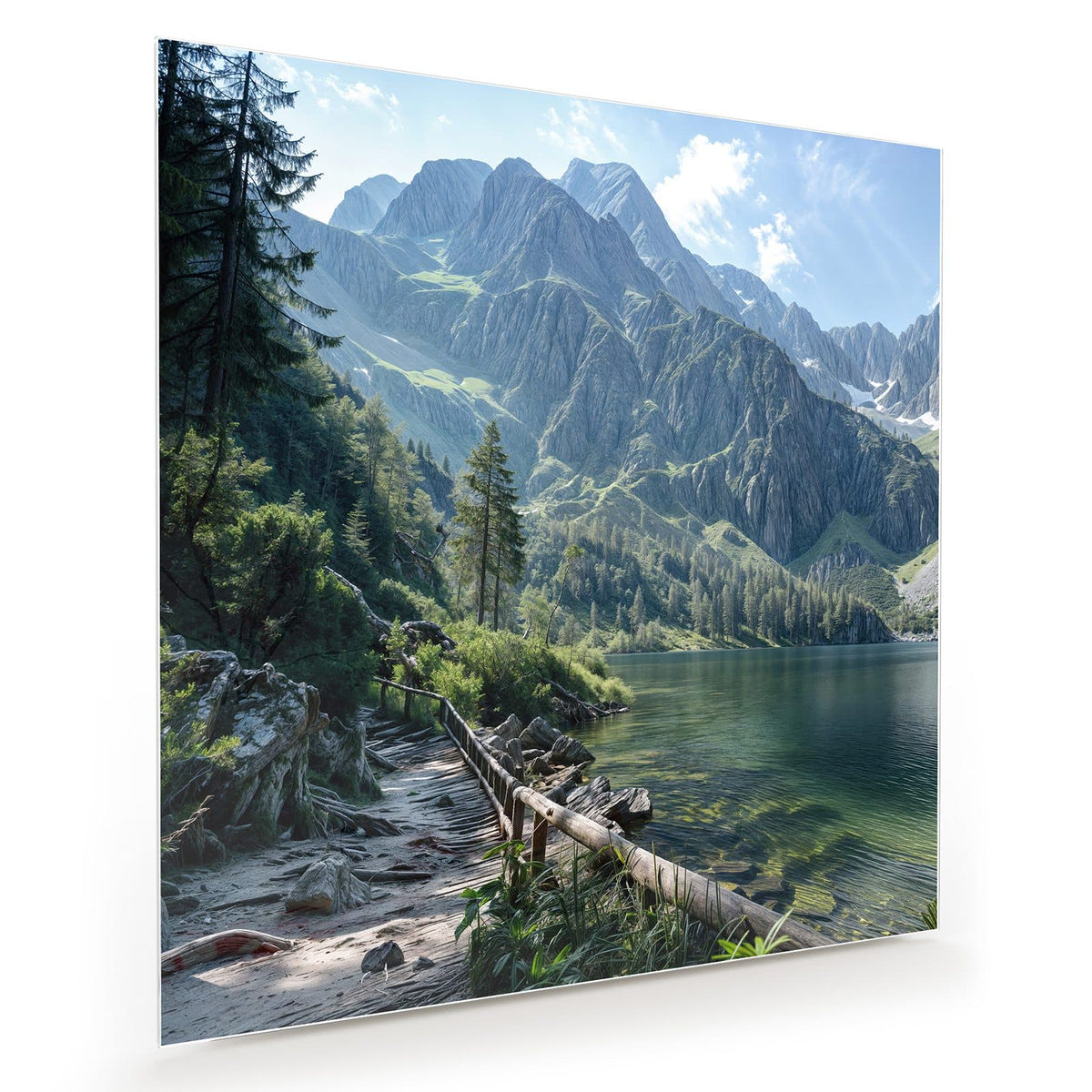 Klarer grüner Bergsee mit Holzgeländer am Ufer, Nadelbäume und schroffe Felsgipfel.