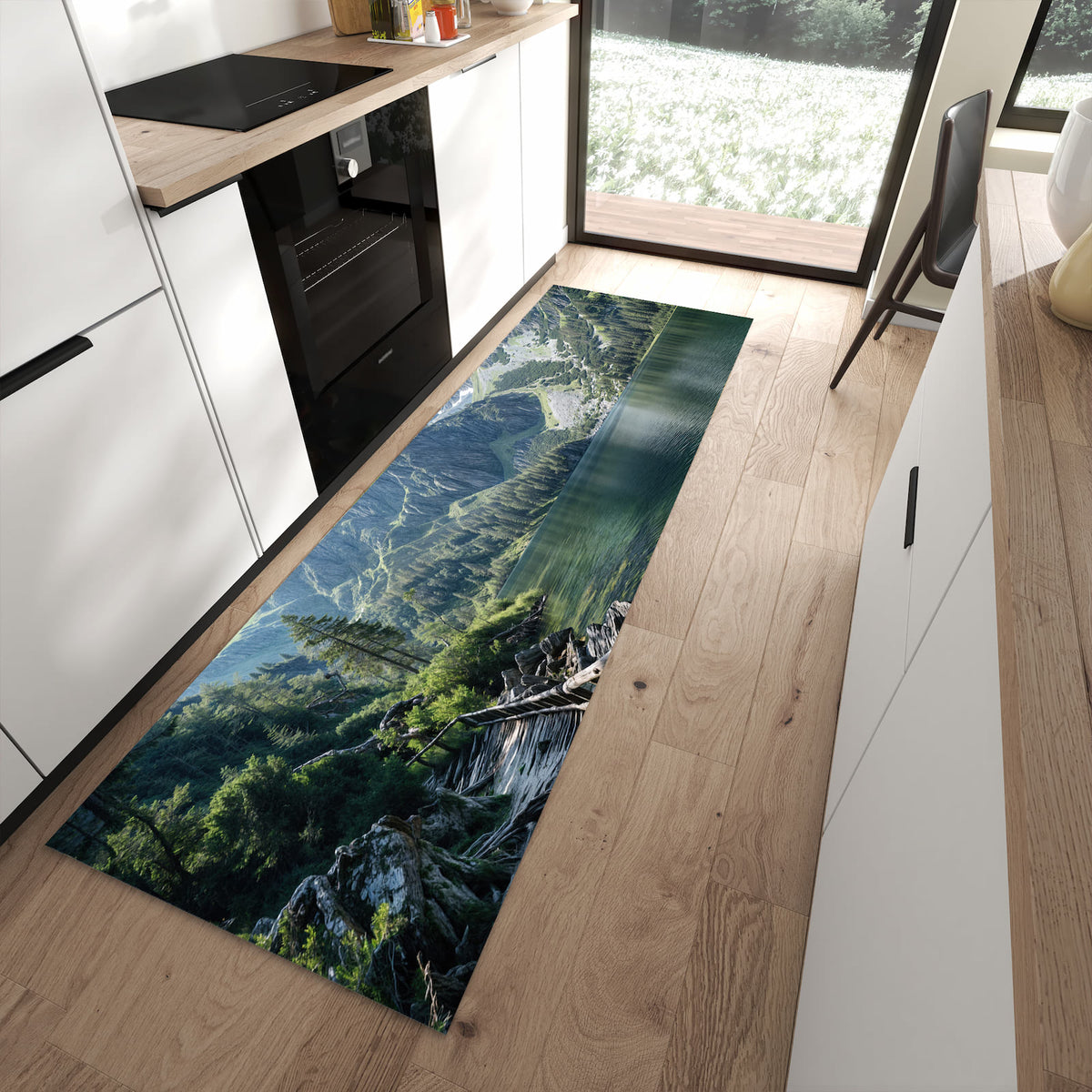 Geräuschdämpfender abwaschbarer Küchenläufer mit Motiv Berglandschaft See in moderner Küche