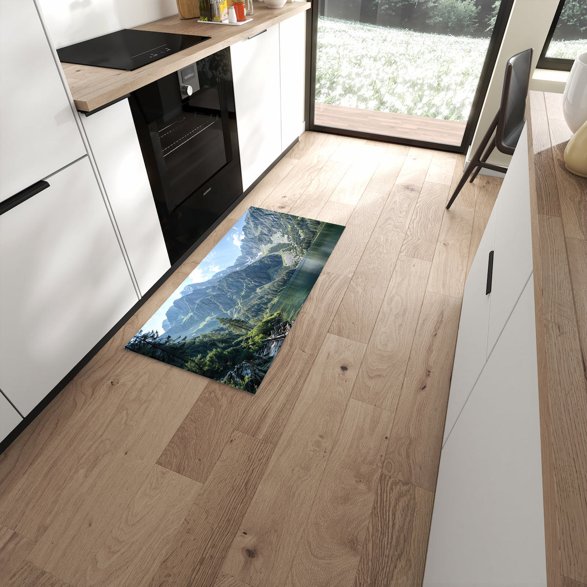 Feuchtigkeitsresistenter rutschfester Küchenläufer mit Motiv Berglandschaft See in moderner Küche #grösse_60 x 120 cm