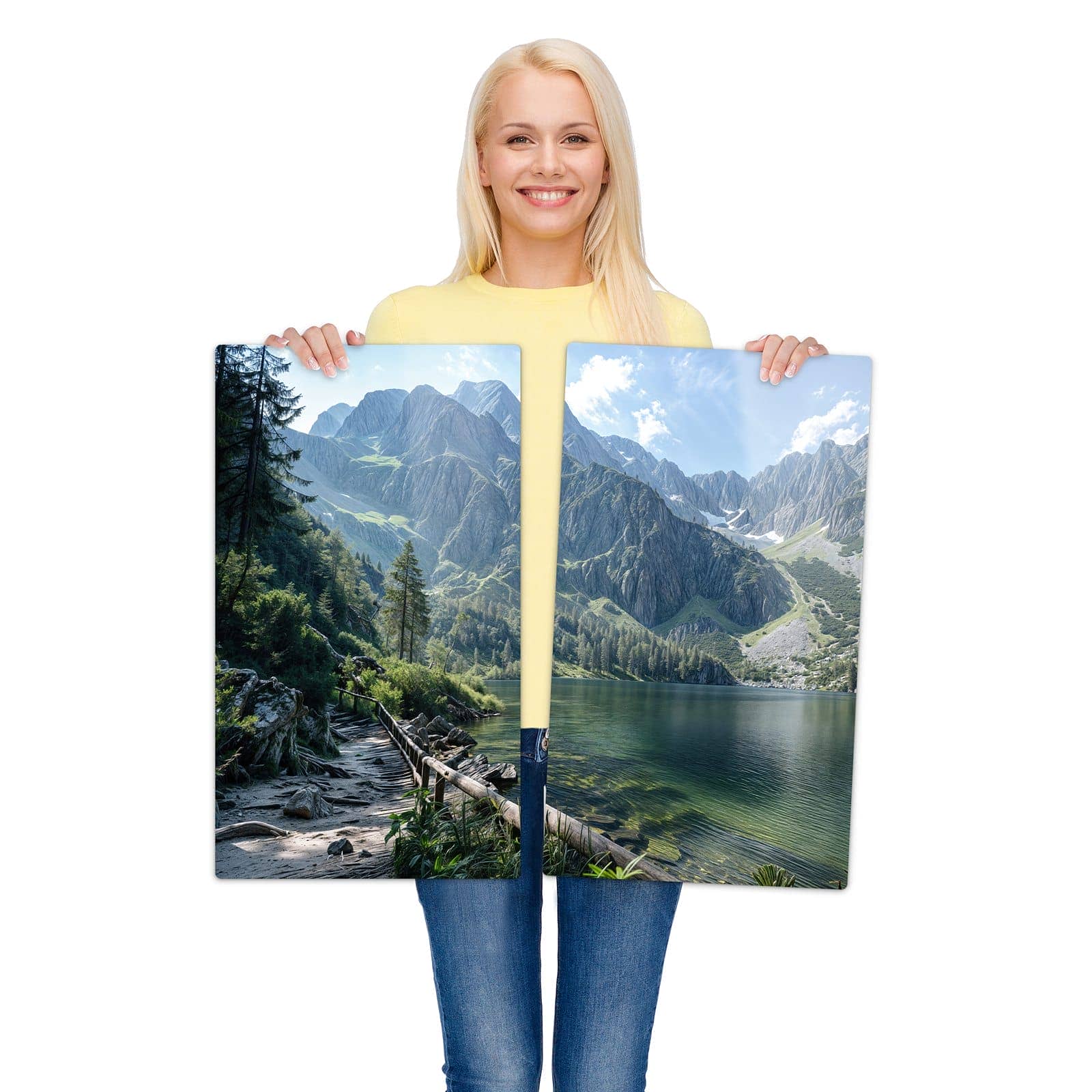 2-teilige Ceranfeld-Abdeckplatten mit Berglandschaft See-Motiv werden zur Größendarstellung gehalten