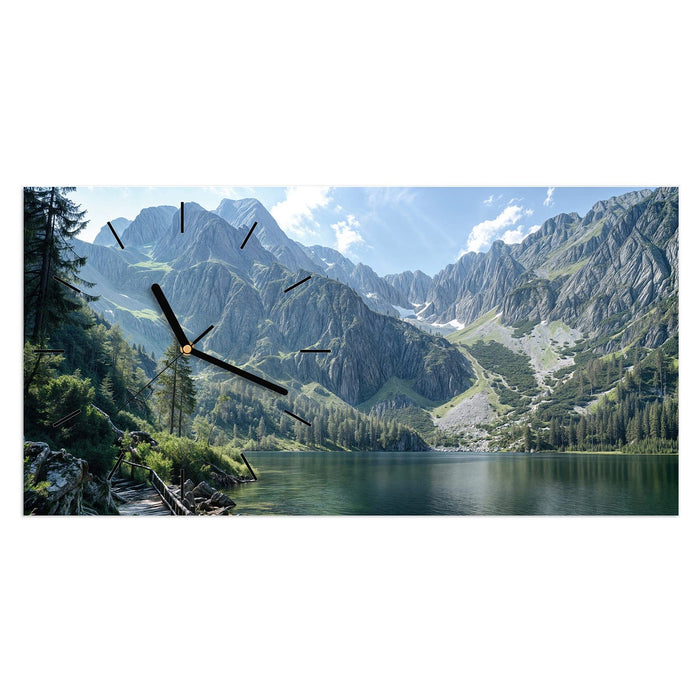 Wanduhr Berglandschaft See aus Glas – Querformat 60 × 30 cm mit Ziffernblatt Linie