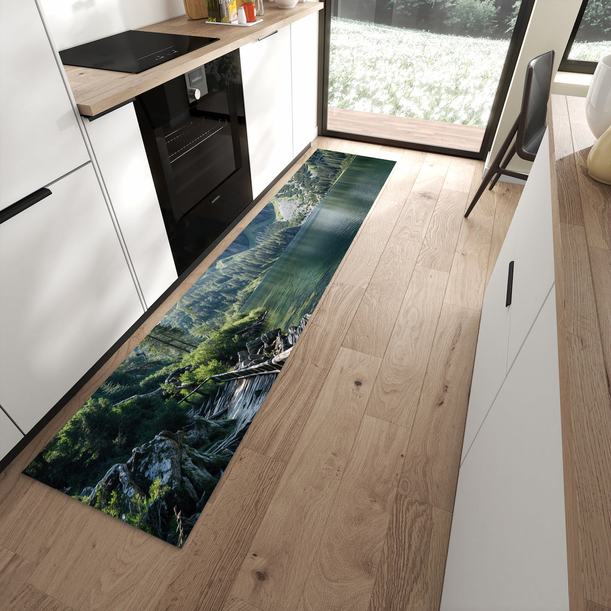 Farbbeständiger Küchenläufer mit Motiv Berglandschaft See in moderner Küche