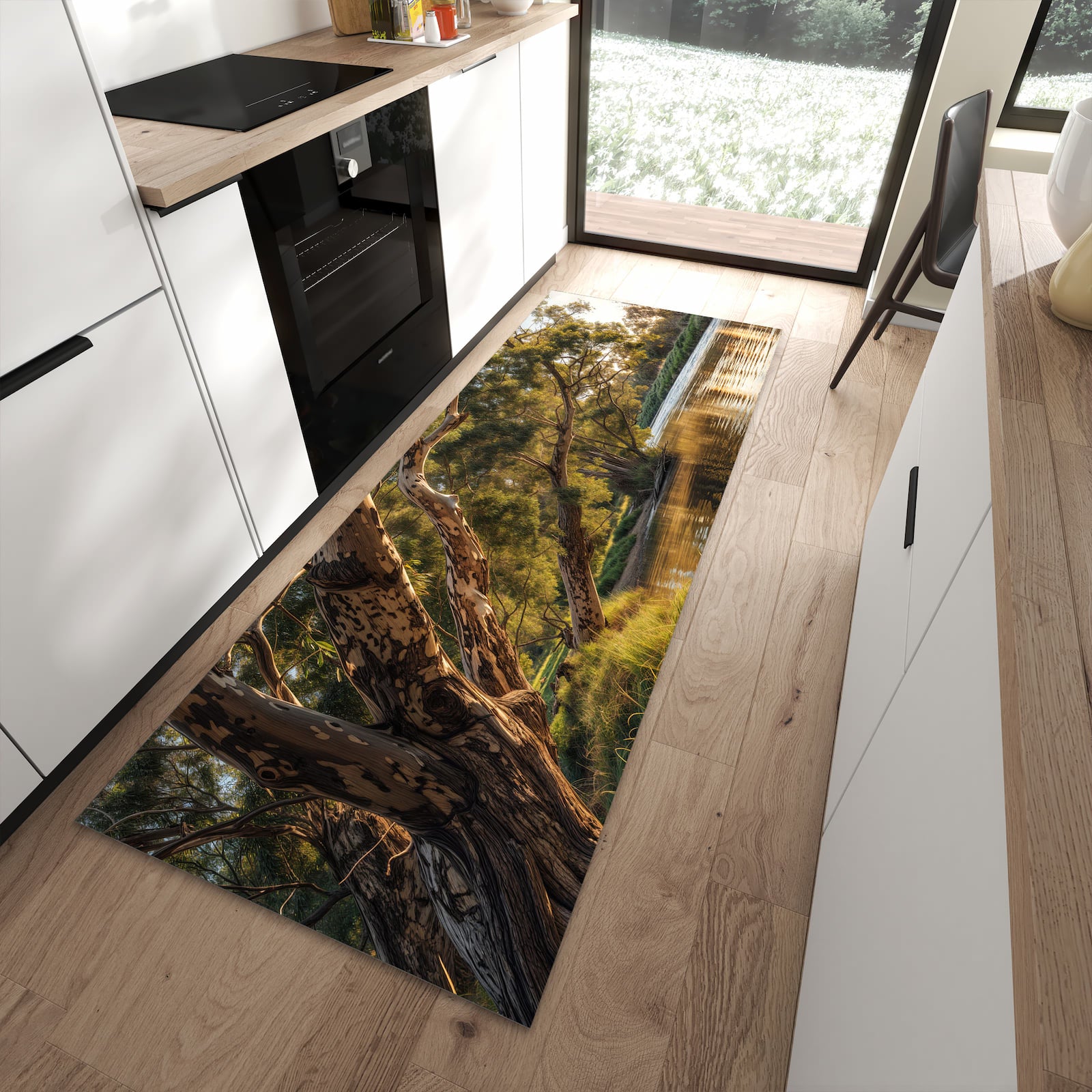 Rutschfester Küchenläufer mit Motiv Baum am Flussufer in moderner Küche