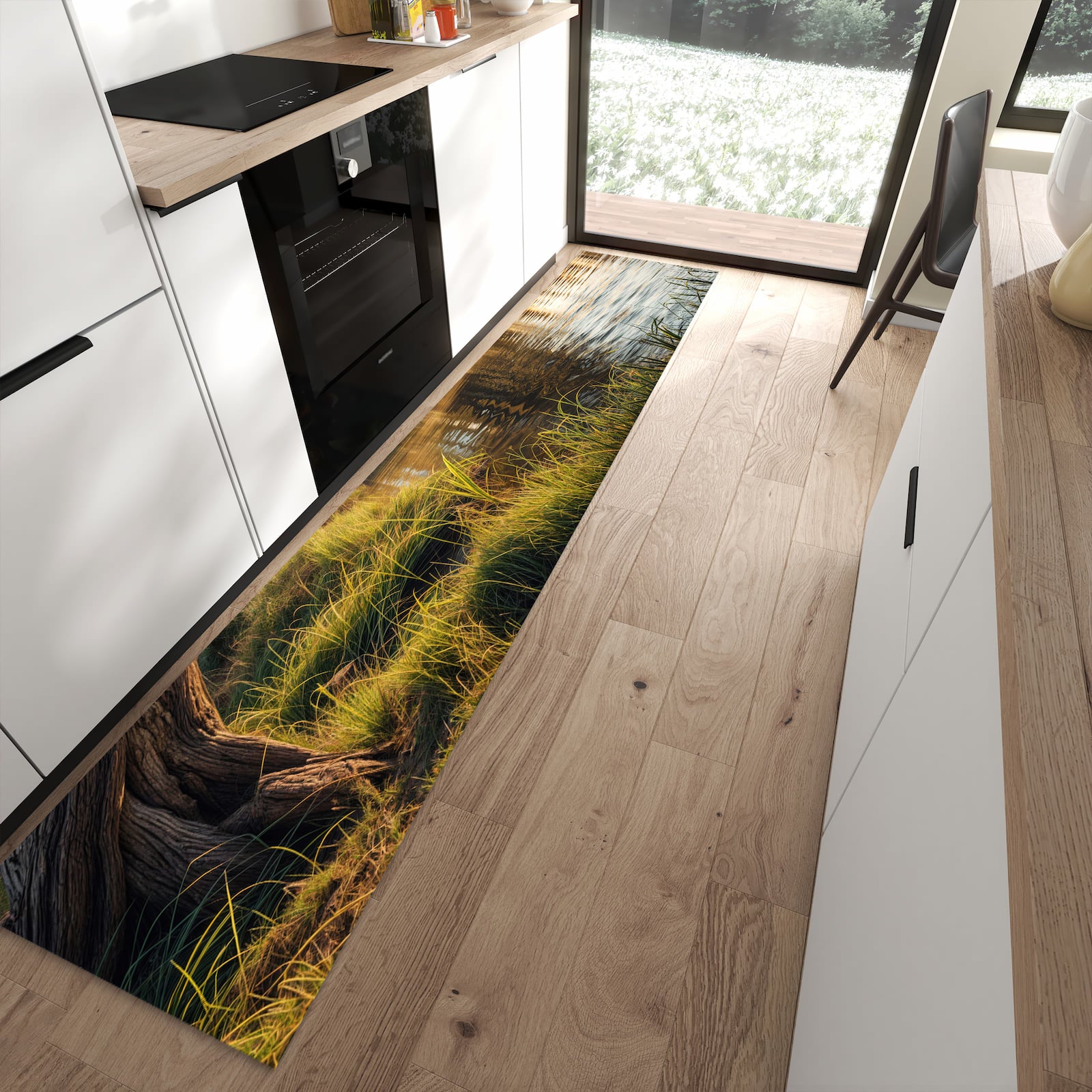 Rutschfester waschbarer Küchenteppich mit Motiv Baum am Flussufer in moderner Küche