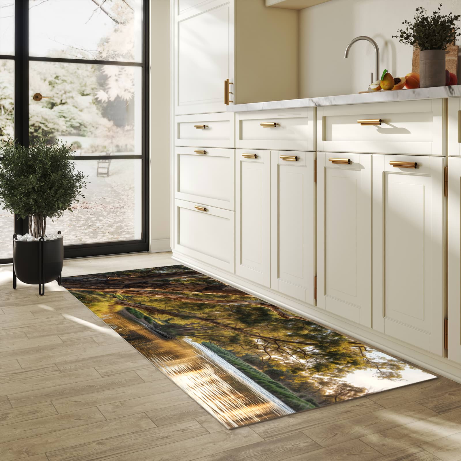 Pflegeleichter Läufer für Eingangsbereich mit Motiv Baum am Flussufer in heller Küche