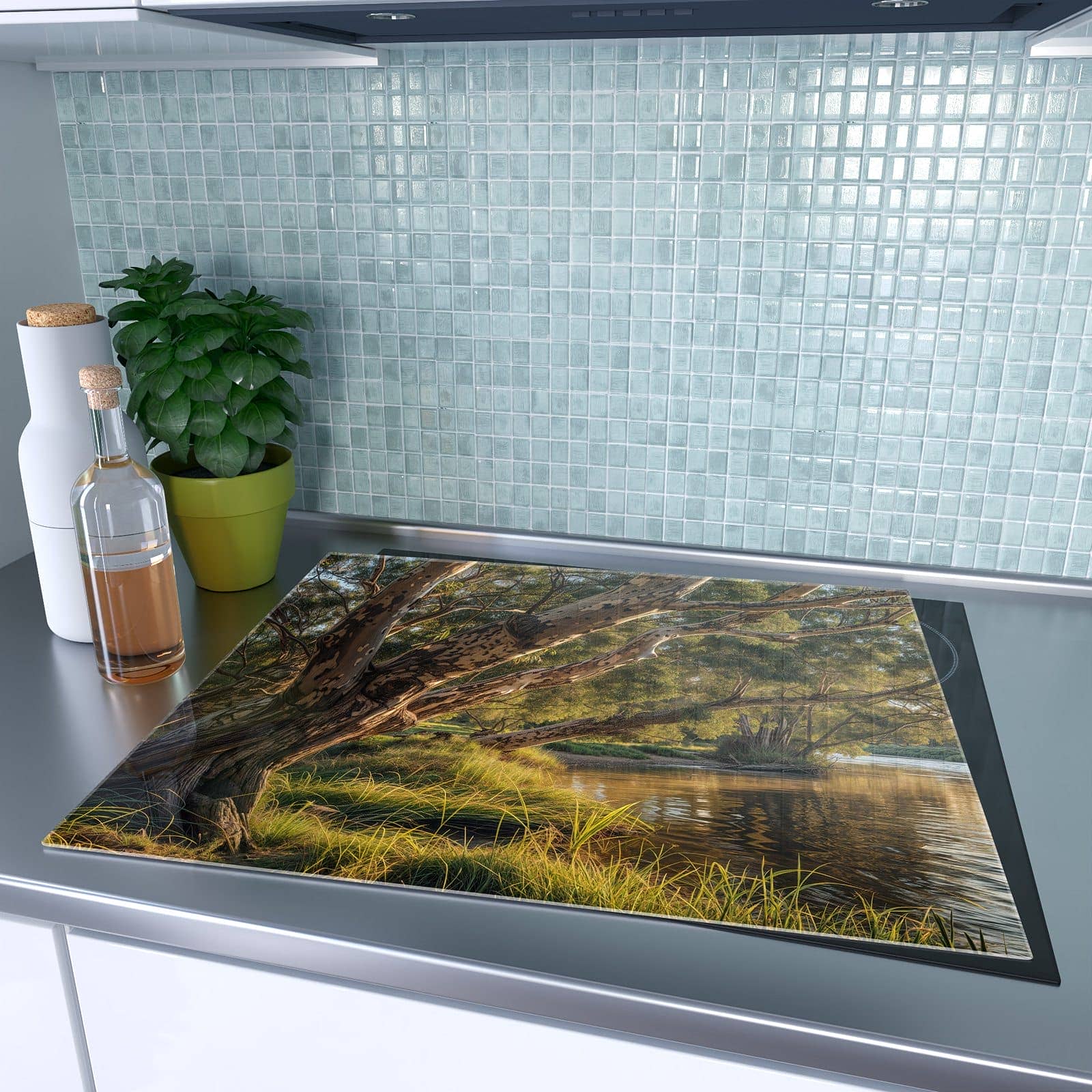 1-teilige Herdabdeckung für Induktionsfeld mit Baum am Flussufer-Motiv auf dem Ceranfeld