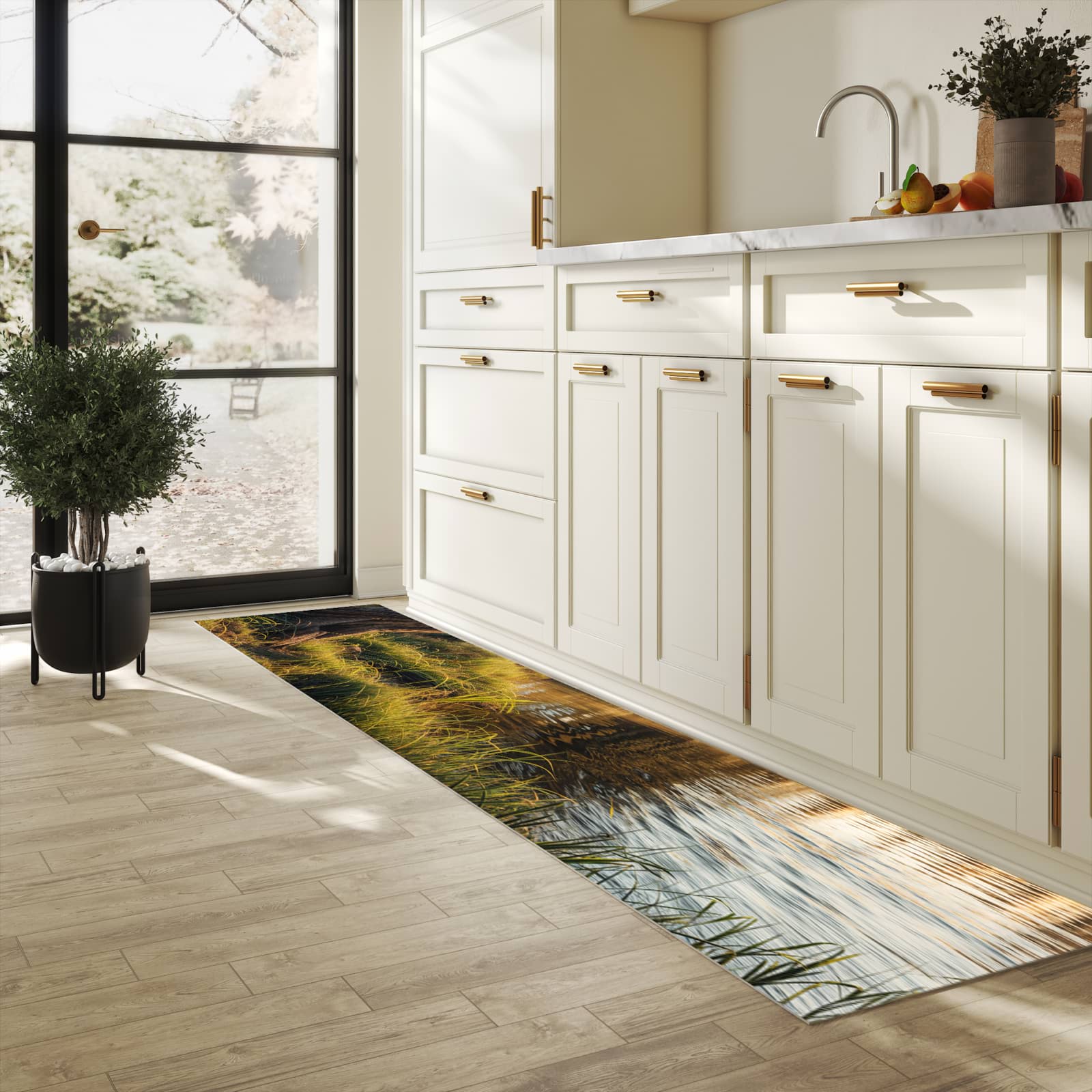 Waschbarer Küchenteppich mit Motiv Baum am Flussufer für Trittkomfort in heller Küche