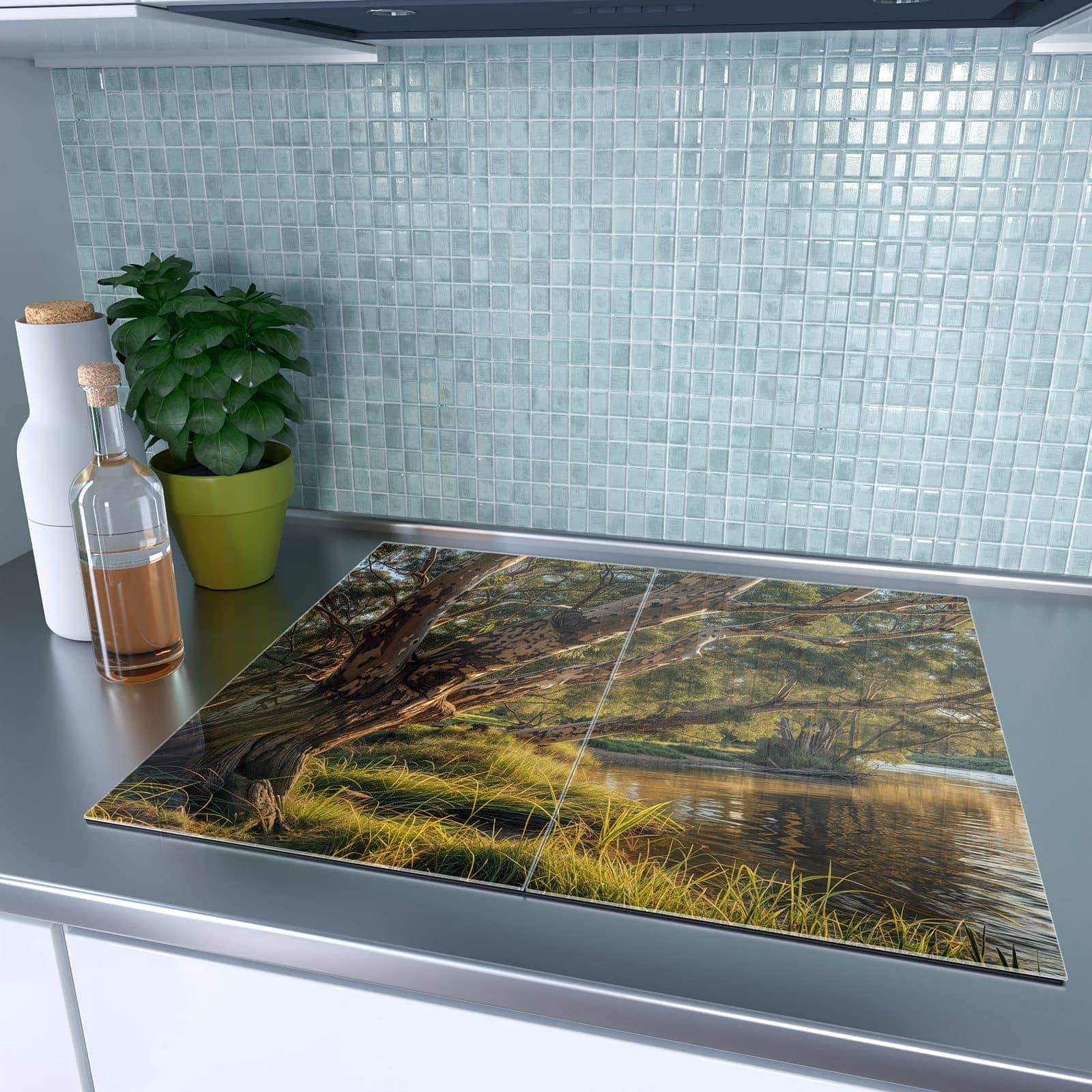 2-teilige Herdabdeckplatte mit Baum am Flussufer-Motiv auf dem Ceranfeld