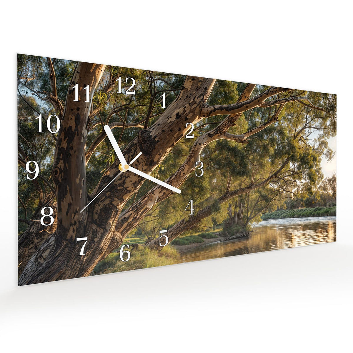 Vormontiert – mit Schwebeeffekt – Wanduhr Baum am Flussufer aus Glas – Querformat 60 × 30 cm