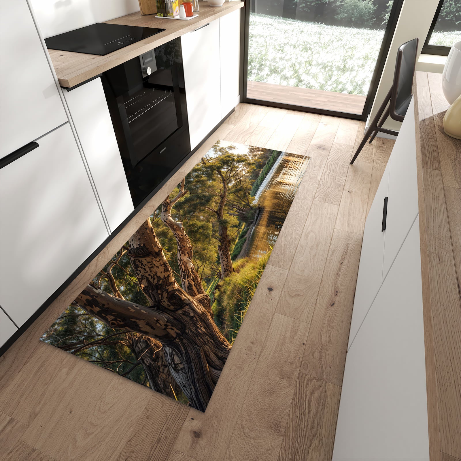 Rutschfester Küchenteppich mit Motiv Baum am Flussufer für angenehmes Stehen in moderner Küche