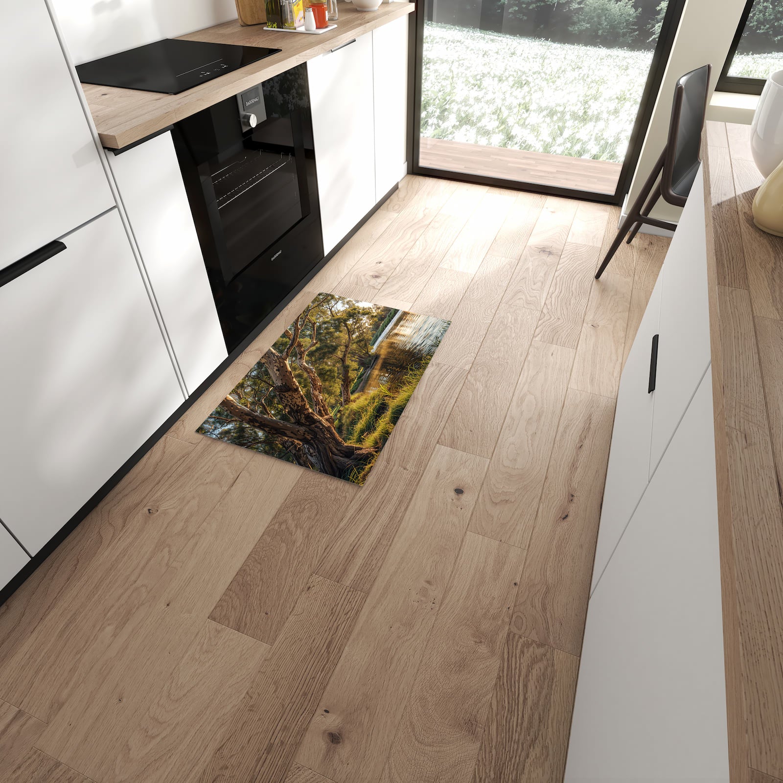 Pflegeleichter großer Küchenteppich mit Motiv Baum am Flussufer in moderner Küche