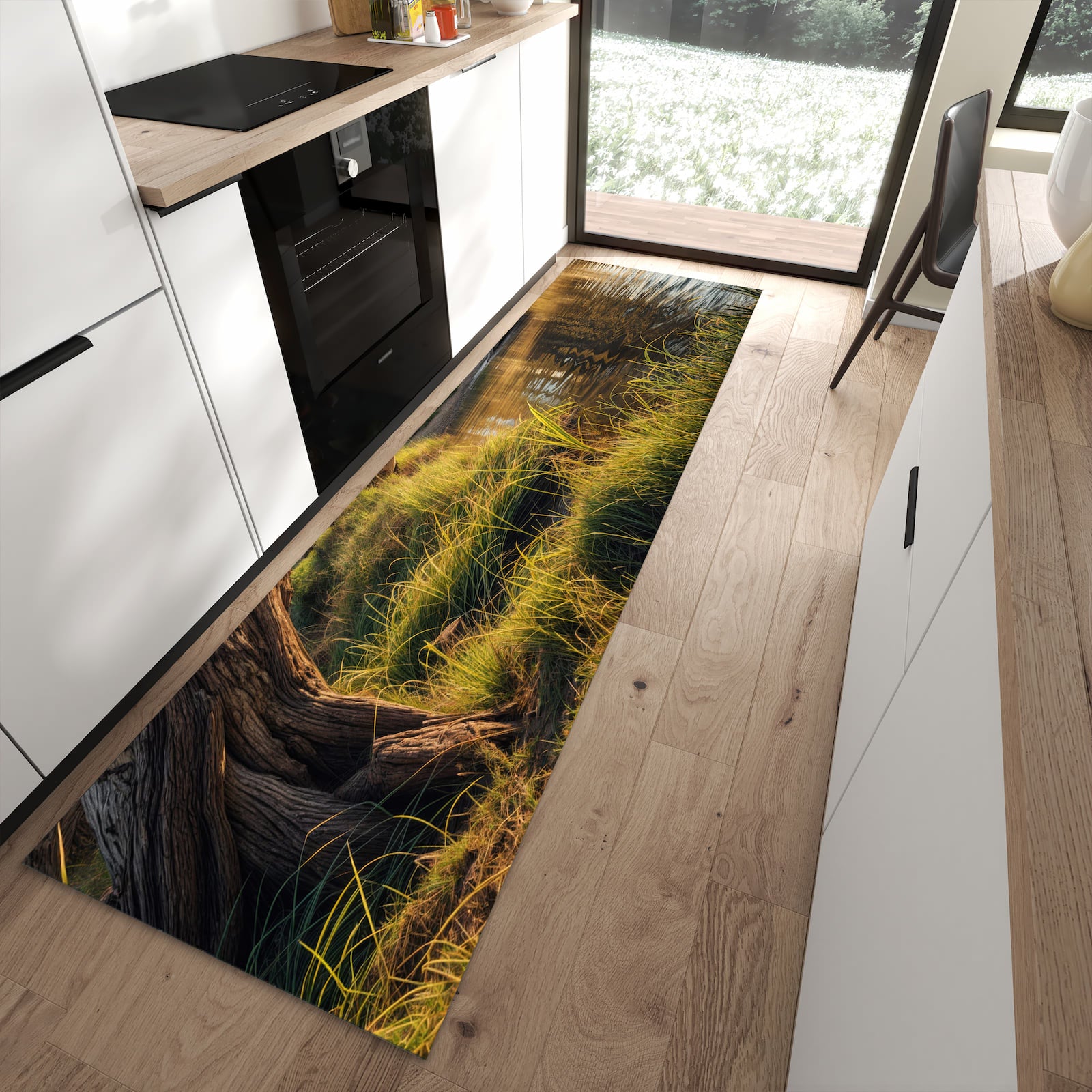 Strapazierfähiger Küchenläufer mit Motiv Baum am Flussufer in moderner Küche