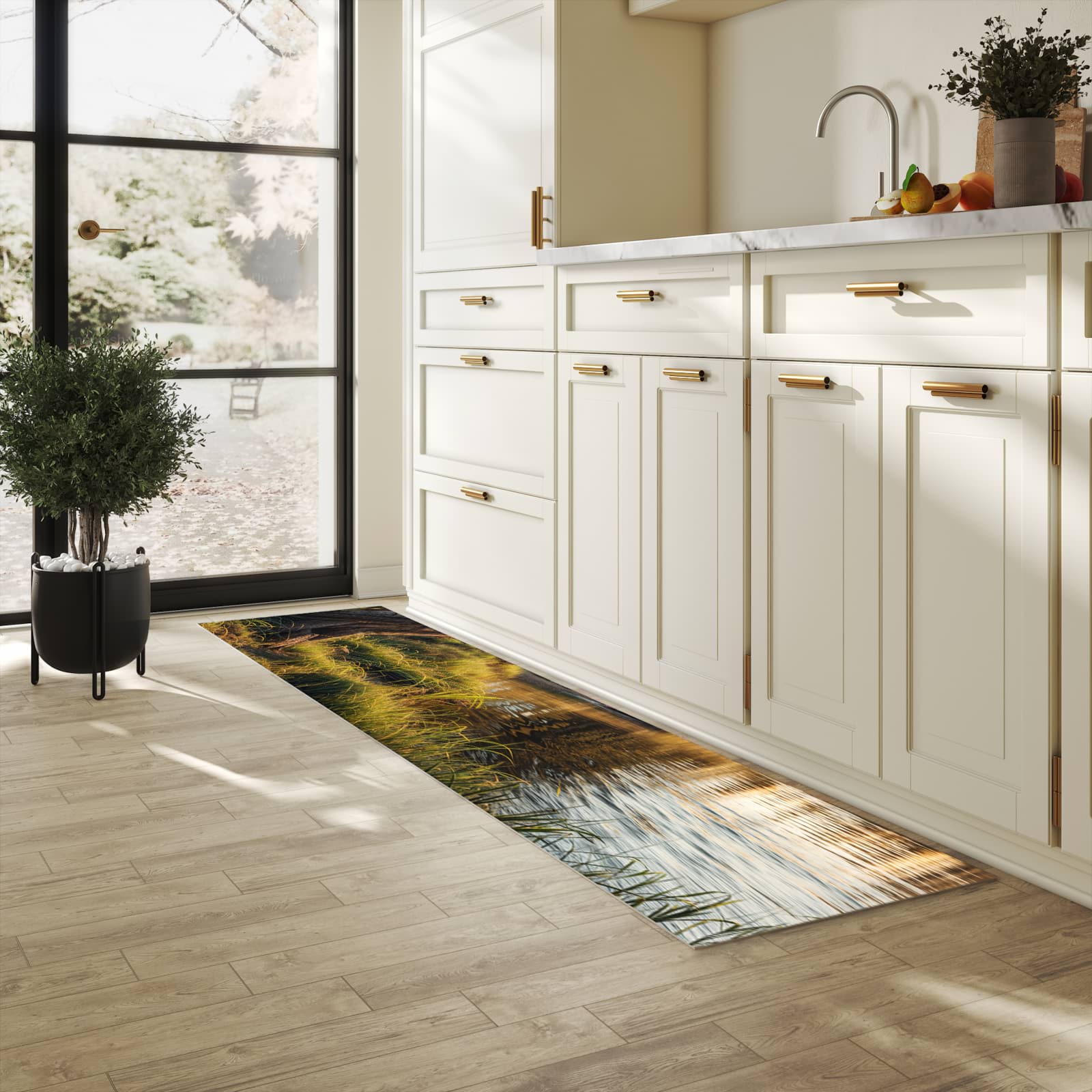 UV-beständiger Küchenvorleger mit Motiv Baum am Flussufer in heller Küche