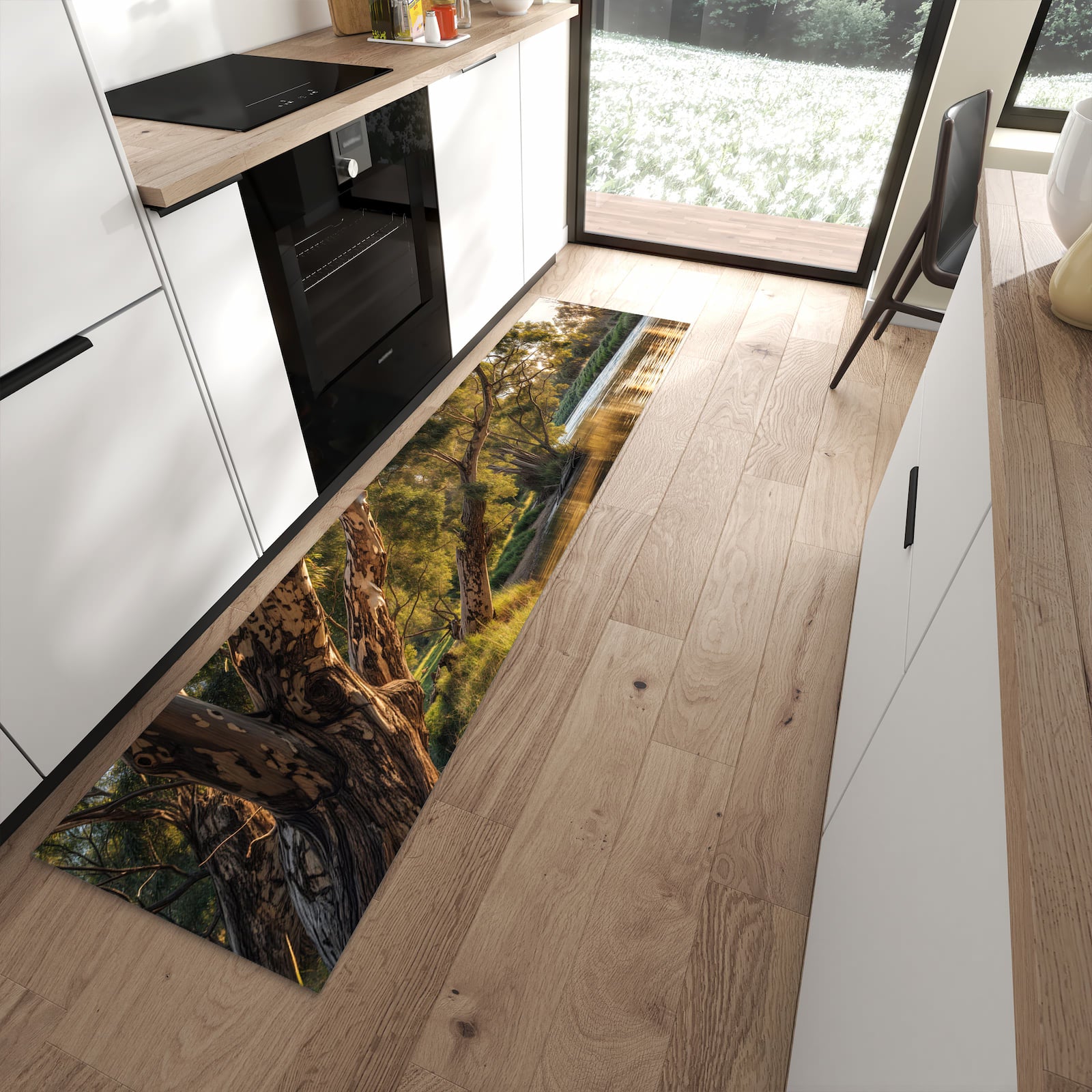Pflegeleichter Küchenteppich mit Motiv Baum am Flussufer in moderner Küche