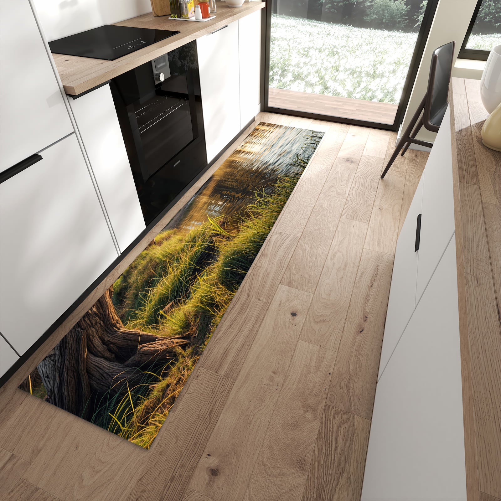 Komfortabler waschbarer Küchenteppich mit Motiv Baum am Flussufer in moderner Küche