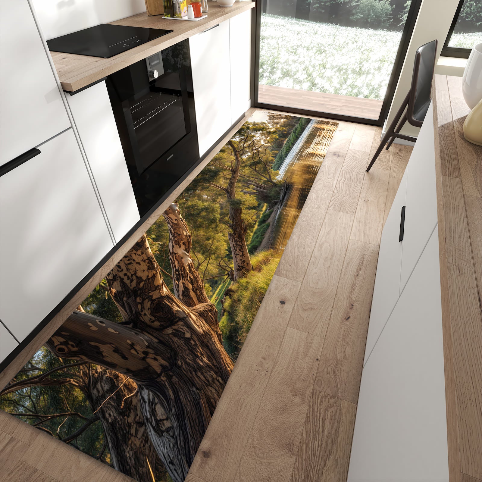 Waschbarer Küchenläufer mit Motiv Baum am Flussufer in moderner Küche