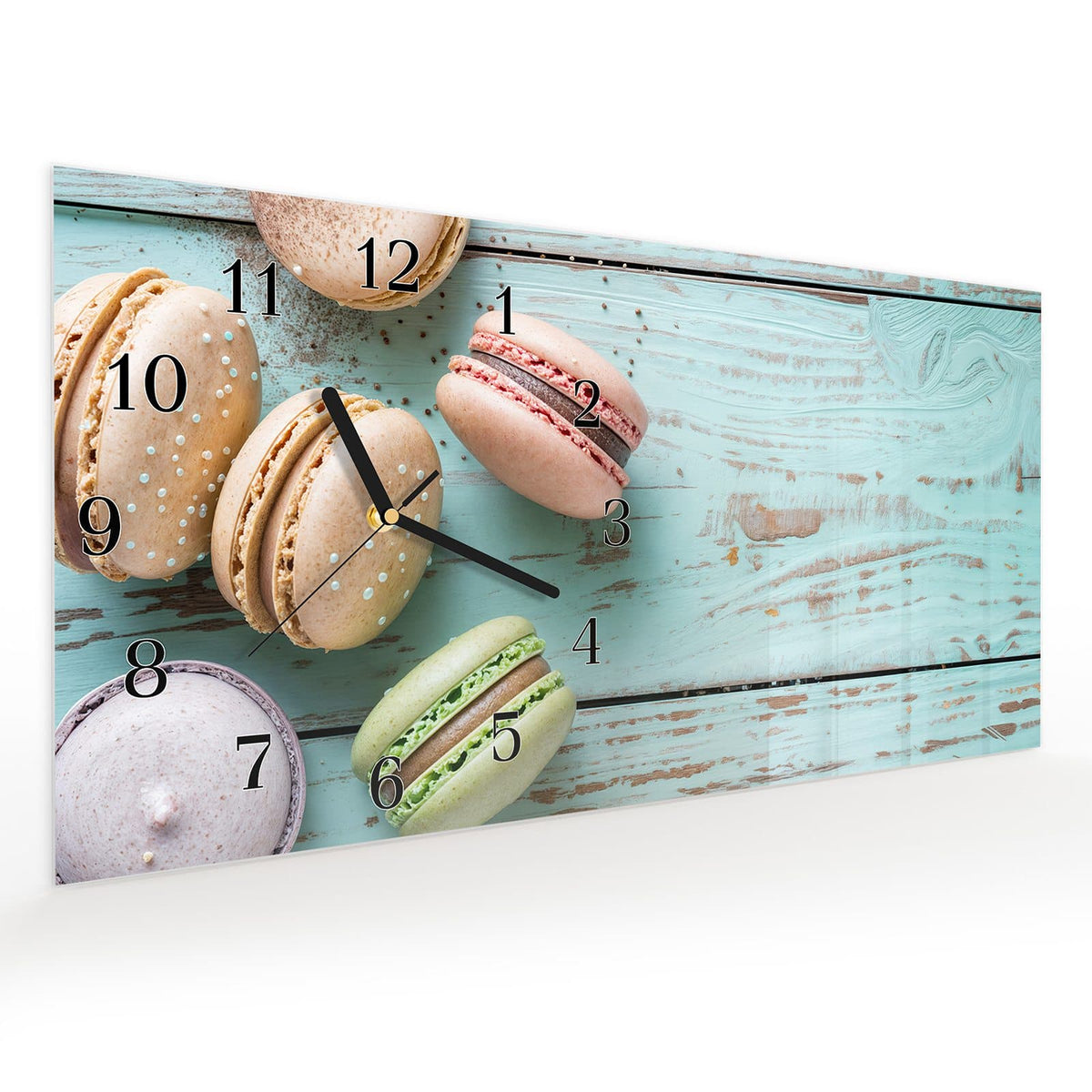 Vormontiert – mit Schwebeeffekt – Wanduhr Macarons auf Holz aus Glas – Querformat 60 × 30 cm
