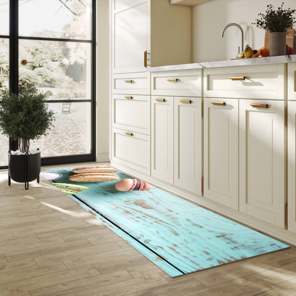 Küchenteppich mit Motiv Macarons auf Holz für Ordnung in heller Küche
