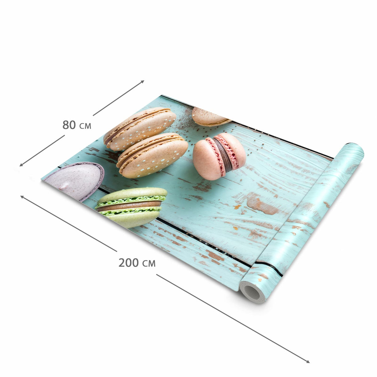 Küchenteppich mit Motiv Macarons auf Holz in der Grösse 60x120 cm für sichere Aufbewahrung