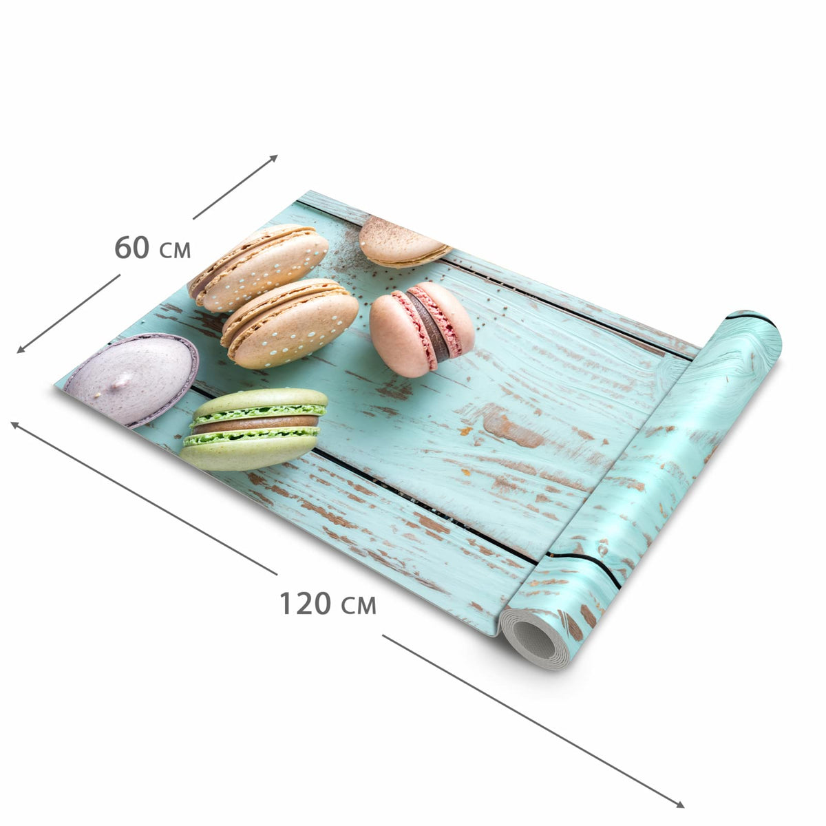 Rutschfester Küchenläufer mit Motiv Macarons auf Holz in der Grösse 60x120 cm